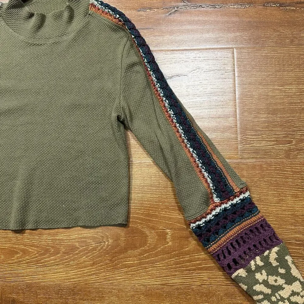 Free People Crop Thermal Shirt Womens S Green Long Sleeve Embroidered Crochet